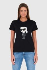 KARL LAGERFELD Czarny t-shirt Karl. Czarne t-shirty damskie KARL LAGERFELD, s, bez wzorów, bez kołnierzyka, bez ramiączek. W wyprzedaży za 220.99 zł.