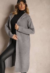 Szary Długi Kardigan Niezapinany z Bawełną Wełną Kapturem i Wsuwanymi Kieszeniami Zozira. Szare kardigany damskie Renee, uniwersalny, bez wzorów, z bawełny, eleganckie, bez kołnierzyka. Za 99.99 zł.