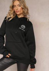 Czarna Klasyczna Bluza z Kieszenią i Kapturem oraz Nadrukiem Asolita. Czarne bluzy damskie Renee, l, bez wzorów, z bawełny, klasyczne, bez ramiączek, z kapturem. Za 69.99 zł.