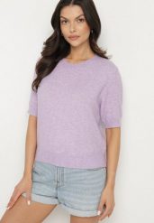 Fioletowy Sweter z Wełną i Krótkim Rękawem Turosa. Fioletowe swetry nierozpinane damskie Born2be, bez wzorów, z jeansu, eleganckie, bez kołnierzyka, bez ramiączek. Za 109.99 zł.