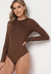 Brązowe Body z Wiskozą Ozdobione Wycięciem na Plecach Riarose. Brązowe body Born2be, bez wzorów, z jeansu. Za 89.99 zł.