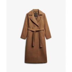Płaszcz damski Superdry Relaxed. Brązowe płaszcze damskie Superdry, l, bez wzorów, z materiału, eleganckie, bez kołnierzyka, bez kaptura. Za 850.65 zł.