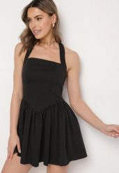 Czarna Rozkloszowana Sukienka Vices z Paskiem na Szyję Nelimira. Czarne sukienki damskie Born2be, na co dzień, l, z aplikacjami, eleganckie, bez kołnierzyka, bez ramiączek, mini, rozkloszowane. Za 79.99 zł.
