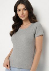 Szary Wiskozowy T-shirt w Klasycznym Stylu Belreti. Szare t-shirty damskie Born2be, m, bez wzorów, z jeansu, klasyczne, bez kołnierzyka, bez ramiączek. Za 39.99 zł.