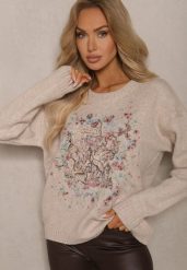 Brązowy Sweter z Kolorowym Haftem z Przodu Inavessa. Brązowe swetry nierozpinane damskie Renee, na zimę, bez wzorów, casualowe, bez kołnierzyka, bez ramiączek. Za 149.99 zł.