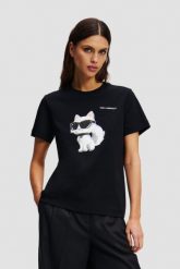 KARL LAGERFELD Czarny t-shirt damski Ikon Aquarelle K. Czarne t-shirty damskie KARL LAGERFELD, s, bez wzorów, bez kołnierzyka, bez ramiączek. W wyprzedaży za 249.99 zł.
