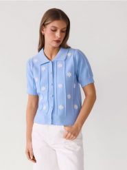 Kardigan z kołnierzem - jasnoniebieski. Niebieskie kardigany damskie Reserved, l, bez wzorów, z dzianiny, bez kołnierzyka. Za 119.99 zł.