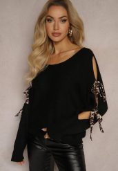 Czarny Nietoperzowy Sweter z Moherem Ozdobiony Wiązaniami w Panterkowy Print Semitha. Czarne swetry nierozpinane damskie Renee, bez wzorów, z jeansu, casualowe, bez kołnierzyka, bez ramiączek. Za 69.99 zł.