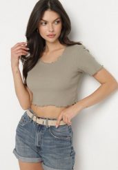 Ciemnozielony Prążkowany T-shirt z Bawełną Adlesa. Zielone t-shirty damskie Born2be, l, bez wzorów, z bawełny, bez kołnierzyka, bez ramiączek. Za 39.99 zł.