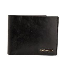 WINGS Męski portfel ze skóry naturalnej bydlęcej z odchylaną klapką Black. Czarne portfele męskie Wings, bez wzorów, z materiału. Za 82.90 zł.
