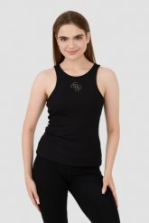 GUESS Czarny top Round Nk Guendalina. Czarne topy damskie Guess, s, z aplikacjami, bez kołnierzyka, bez ramiączek. W wyprzedaży za 113.99 zł.