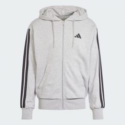 Bluza z kapturem Essentials 3-Stripes French Terry Full-Zip. Czarne bluzy męskie Adidas, l, bez wzorów, z materiału, z kapturem, na fitness i siłownię. Za 276.85 zł.