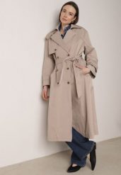 Beżowy Bawełniano-Wiskozowy Płaszcz Trencz z Wiązanym Paskiem i Klapą Lissana. Brązowe płaszcze damskie Born2be, l, bez wzorów, z bawełny, eleganckie, bez kołnierzyka, bez kaptura. Za 219.99 zł.