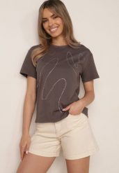 Ciemnoszary Bawełniany T-shirt Ozdobiony Cyrkoniami Monomene. Szare t-shirty damskie Born2be, m, z aplikacjami, z bawełny, casualowe, bez kołnierzyka, bez ramiączek. Za 59.99 zł.