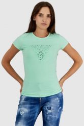 GUESS Zielony t-shirt damski z ażurowym logo. Zielone t-shirty damskie Guess, s, z aplikacjami, z bawełny, bez kołnierzyka, bez ramiączek. W wyprzedaży za 129.99 zł.