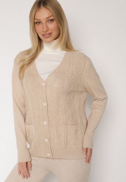 Jasnobeżowy Kardigan z Bawełną Zdobiony Warkoczowym Splotem i Kieszeniami Mevesava. Brązowe kardigany damskie Born2be, na zimę, z aplikacjami, z bawełny, klasyczne, bez kołnierzyka. Za 74.99 zł.