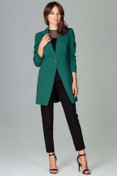Zielony Długi Elegancki Żakiet na Jeden Guzik. Zielone marynarki i żakiety damskie Katrus, bez wzorów, z materiału, eleganckie, bez kołnierzyka, bez ramiączek. Za 299.00 zł.