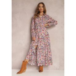 Fioletowa Sukienka Koszulowa w Kwiaty Mirannie. Fioletowe sukienki damskie Renee, m, bez wzorów, boho, bez kołnierzyka, bez ramiączek, maxi, koszulowe. Za 49.99 zł.