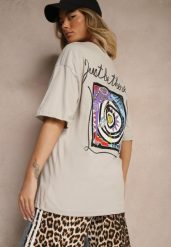 Beżowy T-shirt Koszulka z Bawełny Ozdobiona Nadrukiem i Napisem Just Be There Felena. Brązowe bluzki damskie Renee, l, bez wzorów, z bawełny, bez kołnierzyka, bez ramiączek. Za 39.99 zł.