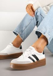 Biało-Czarne Klasyczne Sneakersy Tenisówki na Niskiej Platformie Denirla. Białe trampki i tenisówki damskie Renee, bez wzorów, z jeansu, bez zapięcia. Za 79.99 zł.
