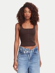 Guess Top W6YZ08 Z0979 Brązowy ciemny Slim Fit. Brązowe topy damskie Guess, m, z aplikacjami, z syntetyku, bez kołnierzyka, bez ramiączek. Za 214.99 zł.