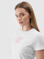 4F T-shirt slim z nadrukiem damski - biały S. Białe t-shirty damskie 4F, s, bez wzorów, z dzianiny, klasyczne, bez kołnierzyka, bez ramiączek. Za 29.99 zł.
