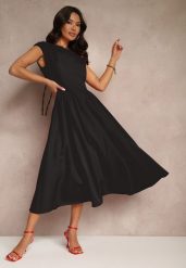 Czarna Rozkloszowana Sukienka z Wiązaniem i Dekoltem w Kształcie Łódki Alanira. Czarne sukienki damskie Renee, na co dzień, m, bez wzorów, eleganckie, bez kołnierzyka, bez ramiączek, midi, kopertowe. Za 119.99 zł.