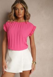Fuksjowy Plisowany Top Koszulka z Krótkim Rękawem Meavina. Czerwone bluzki damskie Renee, l, bez wzorów, z materiału, bez kołnierzyka, bez ramiączek. Za 39.99 zł.
