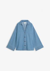 Bluzka jeansowa z bawełny organicznej. Niebieskie bluzki damskie bonprix, bez wzorów, z bawełny, bez kołnierzyka, bez ramiączek. Za 129.99 zł.