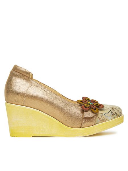 Laura Vita Półbuty Reyano 55 Złoty. Żółte półbuty damskie Laura Vita, bez wzorów, ze skóry, bez obcasa, na koturnie, bez zapięcia. Za 209.99 zł.