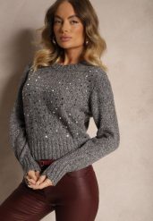 Ciemnoszary Casualowy Sweter z Bawełną i Cekinami Savintha. Szare swetry nierozpinane damskie Renee, z aplikacjami, z bawełny, casualowe, bez kołnierzyka, bez ramiączek. Za 69.99 zł.