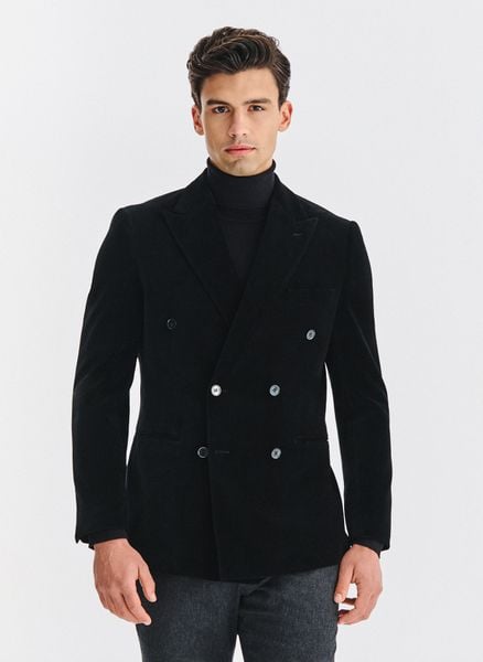 PAKO LORENTE – Czarna dwurzędowa marynarka męska. Czarne garnitury męskie Pako Lorente, m, bez wzorów, z bawełny, casualowe, bez kołnierzyka, bez ramiączek. Za 799.99 zł.