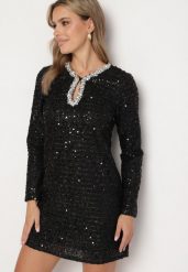 Czarna Koktajlowa Cekinowa Sukienka o Pudełkowym Kroju Sewilena. Czarne sukienki damskie Born2be, na co dzień, l, z aplikacjami, eleganckie, bez kołnierzyka, bez ramiączek, mini, kopertowe. Za 229.99 zł.