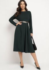 Ciemnozielona Elegancka Sukienka Rozkloszowana Temarielis. Zielone sukienki damskie Born2be, m, bez wzorów, eleganckie, bez kołnierzyka, bez ramiączek, midi, oversize. Za 119.99 zł.