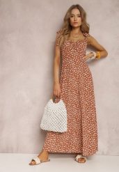 Brązowa Sukienka Iolousa. Brązowe sukienki damskie Renee, na lato, l, z aplikacjami, eleganckie, bez kołnierzyka, bez ramiączek, maxi, rozkloszowane. Za 59.99 zł.
