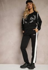 Czarny Komplet Dresowy Spodnie Ozdobione Napisami Bluza na Suwak z Kapturem Semiraella. Czarne bluzy damskie Renee, l, bez wzorów, z dresówki, rockowe, bez ramiączek, z kapturem. Za 129.99 zł.