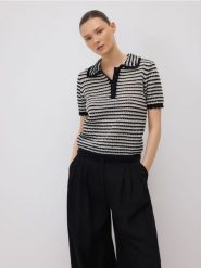 Ażurowy sweter polo - wielobarwny. Swetry nierozpinane damskie Reserved, l, w ażurowe wzory, z bawełny, bez kołnierzyka, bez ramiączek. W wyprzedaży za 59.99 zł.