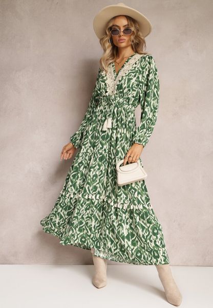 Zielona Rozkloszowana Sukienka z Gumką w Pasie i Ażurową Wstawką Margotta. Zielone sukienki damskie Renee, l, w ażurowe wzory, bez kołnierzyka, bez ramiączek, maxi, rozkloszowane. Za 119.99 zł.