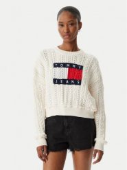 Tommy Jeans Sweter Intarsia Flag Badge DW0DW22317 Kremowy Regular Fit. Białe swetry nierozpinane damskie Tommy Jeans, xs, bez wzorów, z bawełny, bez kołnierzyka, bez ramiączek. Za 529.99 zł.
