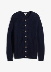 Sweter rozpinany w ludowym stylu, z miękkiej mieszanki bawełny. Niebieskie swetry męskie bonprix, m, bez wzorów, z bawełny, bez kołnierzyka, bez ramiączek. Za 129.99 zł.