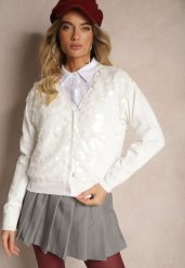 Biały Kardigan na Guziki z Wiskozą i Cekinami Evelith. Białe kardigany damskie Renee, z aplikacjami, z jeansu, eleganckie, bez kołnierzyka. Za 109.99 zł.