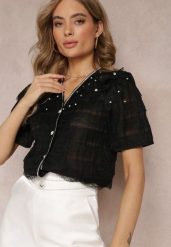Czarna Koszula Bluzka z Koronką i Falbankami Engelli. Czarne bluzki damskie Renee, m, z aplikacjami, z koronki, bez kołnierzyka, bez ramiączek. Za 109.99 zł.