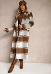 Brązowy Niezapinany Płaszcz w Kratkę z Kieszeniami z Klapą Fiboila. Brązowe płaszcze damskie Renee, l, bez wzorów, z jeansu, eleganckie, bez kołnierzyka, bez kaptura. Za 429.99 zł.