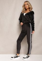 Czarny 2-Częściowy Komplet Dresowy z Weluru z Ozdobnymi Lampasami Bluza i Spodnie Anelpe. Czarne bluzy damskie Renee, m, bez wzorów, z dresówki, eleganckie, bez ramiączek, bez kaptura. Za 69.99 zł.