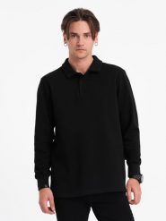 Bluza męska z kołnierzykiem polo ze strukturalnej dzianiny - czarna V8 OM-SSNZ-0149 - XL. Czarne bluzy męskie Ombre Clothing, l, bez wzorów, z bawełny, bez ramiączek, bez kaptura. W wyprzedaży za 59.99 zł.