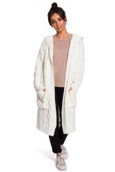 Długi sweter z kapturem kieszeniami i modnym splotem ecru-kremowy. Białe kardigany damskie Polskie swetry, l, bez wzorów, z jeansu, eleganckie, bez kołnierzyka. Za 309.00 zł.