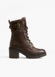 Kozaki sznurowane Mustang. Brązowe kozaki damskie bonprix, bez wzorów, bez obcasa, na obcasie, bez zapięcia. Za 349.99 zł.