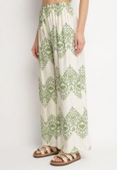 Zielone Wiskozowe Szerokie Spodnie z Geometrycznym Wzorem Faneoriela. Zielone spodnie materiałowe damskie Born2be, bez wzorów, z jeansu, eleganckie. Za 39.99 zł.