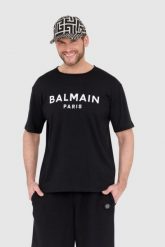 BALMAIN Czarny t-shirt męski z drukowanym białym logo. Czarne t-shirty męskie Balmain, l, bez wzorów, bez kołnierzyka, bez ramiączek. W wyprzedaży za 999.99 zł.