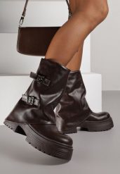 Ciemnobrązowe Botki Biker Vices z Wywiniętą Cholewką Platformą i Klamrami Reinila. Brązowe botki damskie Renee, bez wzorów, z jeansu, rockowe, bez obcasa, na platformie, bez zapięcia. Za 114.99 zł.